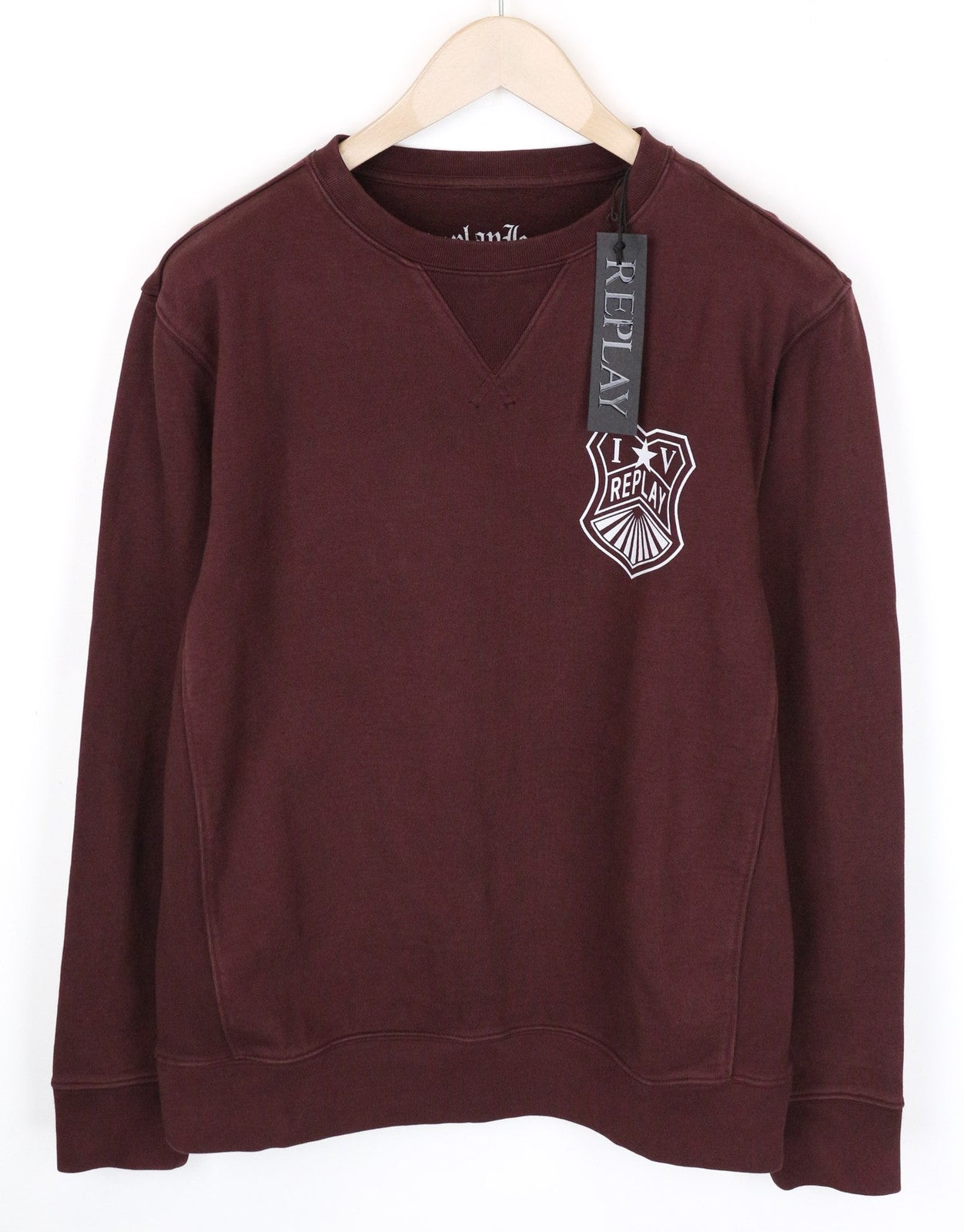 REPLAY vyriškas džemperis L dydžio bordo spalvos laisvalaikio stiliaus su logotipu ir ilgomis rankovėmis 