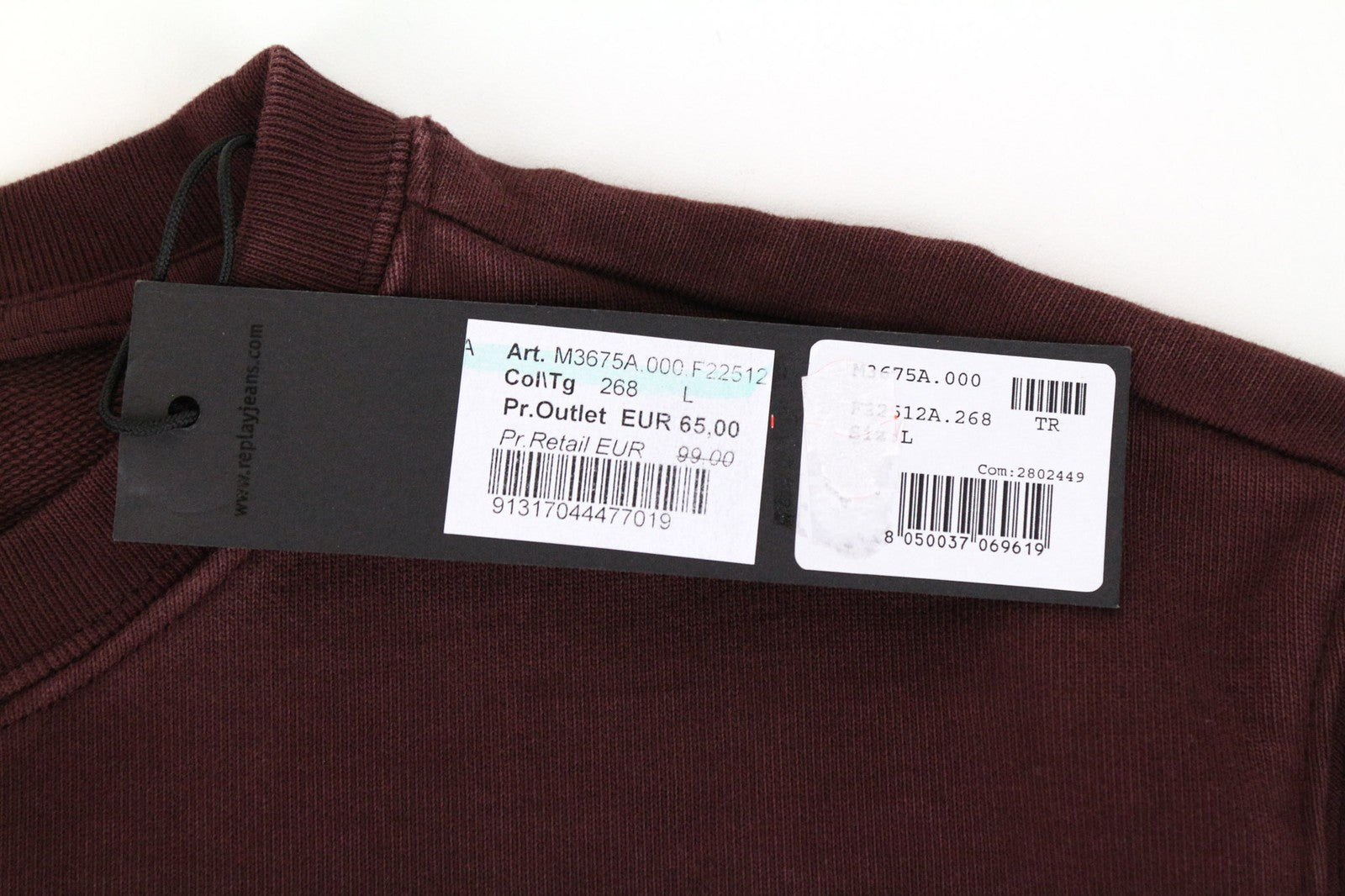 REPLAY vyriškas džemperis L dydžio bordo spalvos laisvalaikio stiliaus su logotipu ir ilgomis rankovėmis 