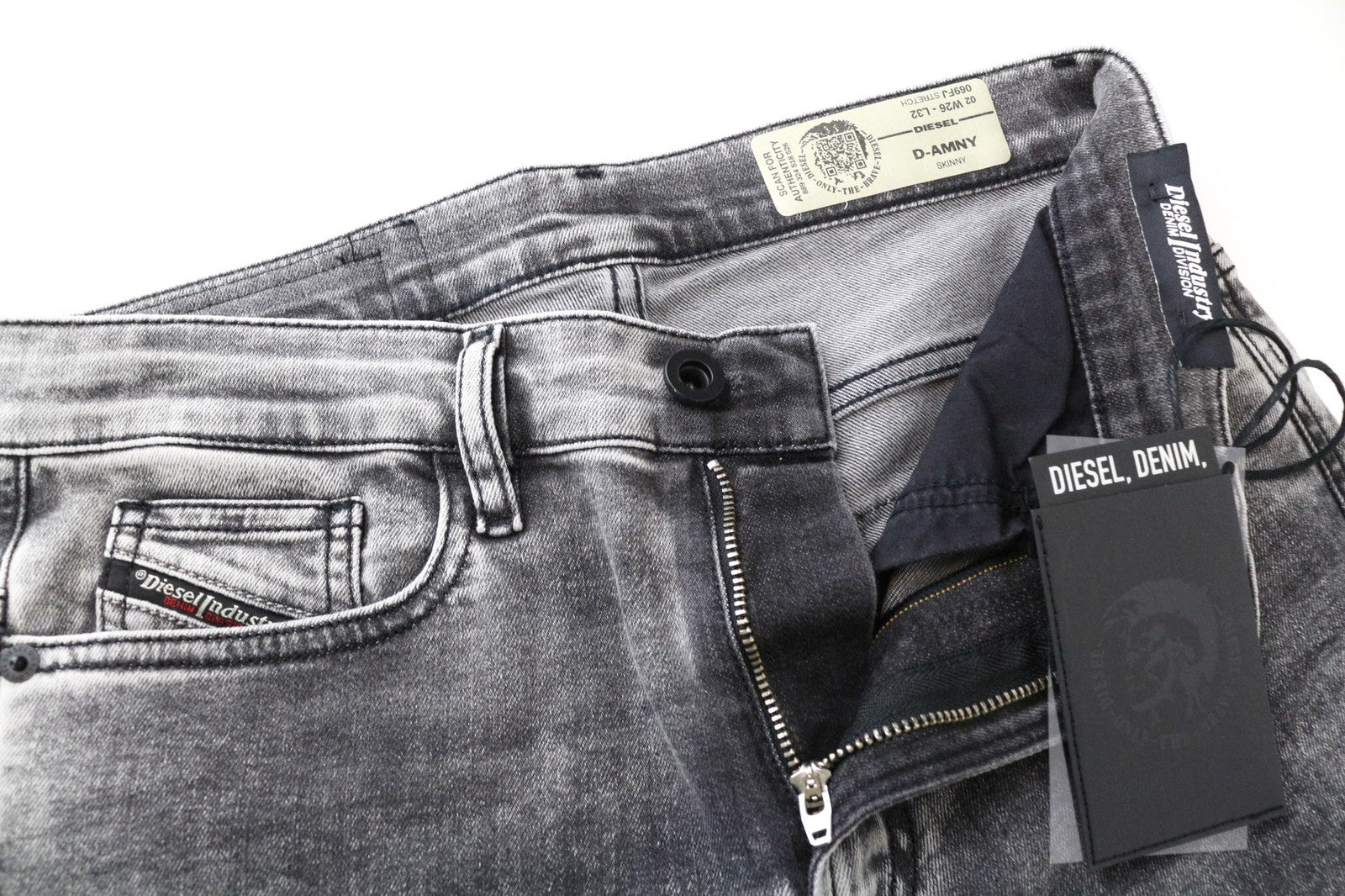 DIESEL D-Amny 069FJ vyriški džinsai W26/L32 vidutinio pilkumo, tamprūs, aptempti, su užtrauktuku berniukams 