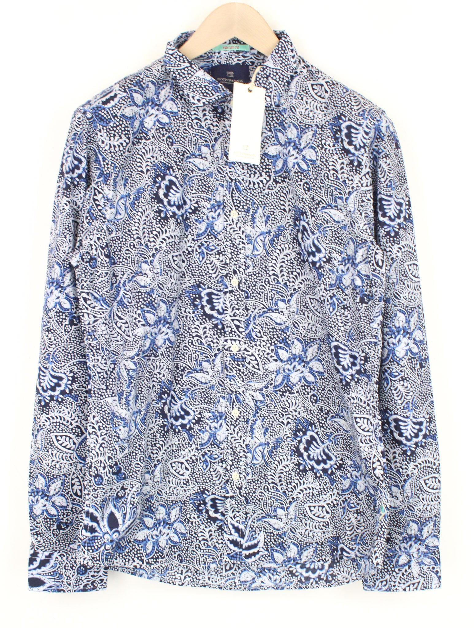 SCOTCH &amp; SODA vyriški marškinėliai L dydžio mėlyni melanžo raštu su medvilnės mišinio tampriu raštu 