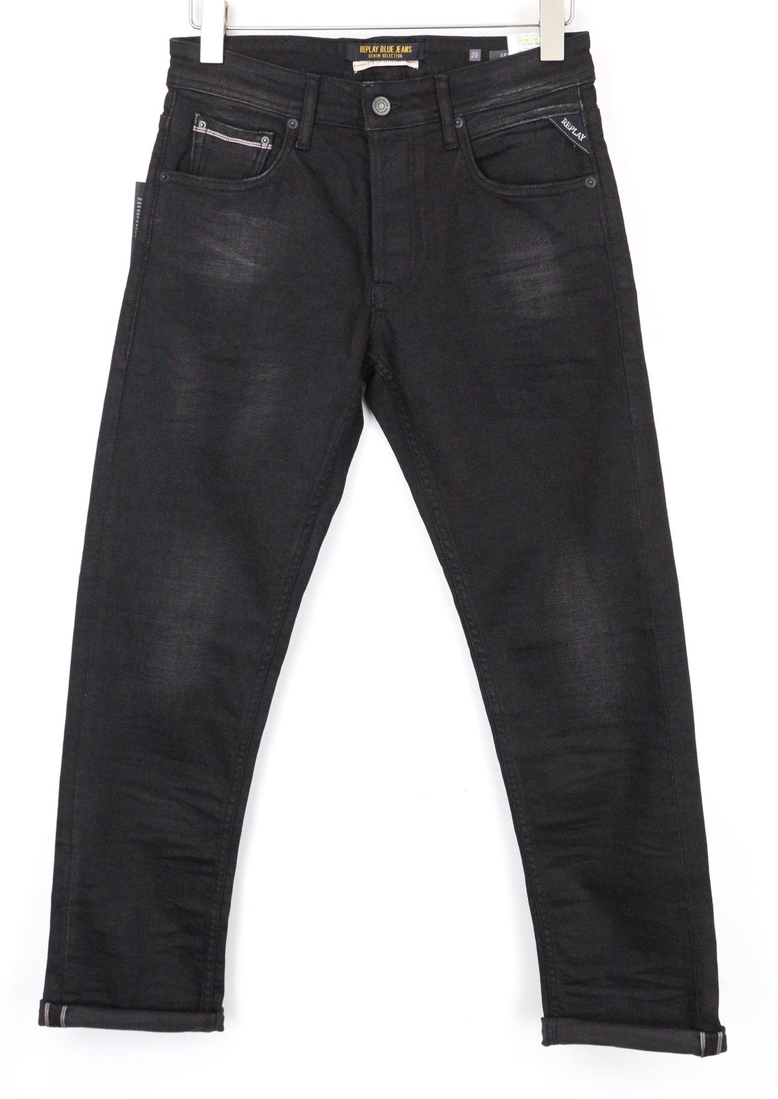 REPLAY Grover vyriški džinsai W29/L30 Selvedge tiesūs juodi tamprūs džinsai su sagomis 