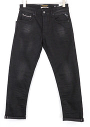 REPLAY Grover vyriški džinsai W29/L30 Selvedge tiesūs juodi tamprūs džinsai su sagomis 