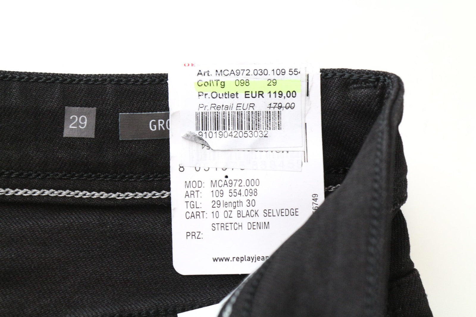 REPLAY Grover vyriški džinsai W29/L30 Selvedge tiesūs juodi tamprūs džinsai su sagomis 