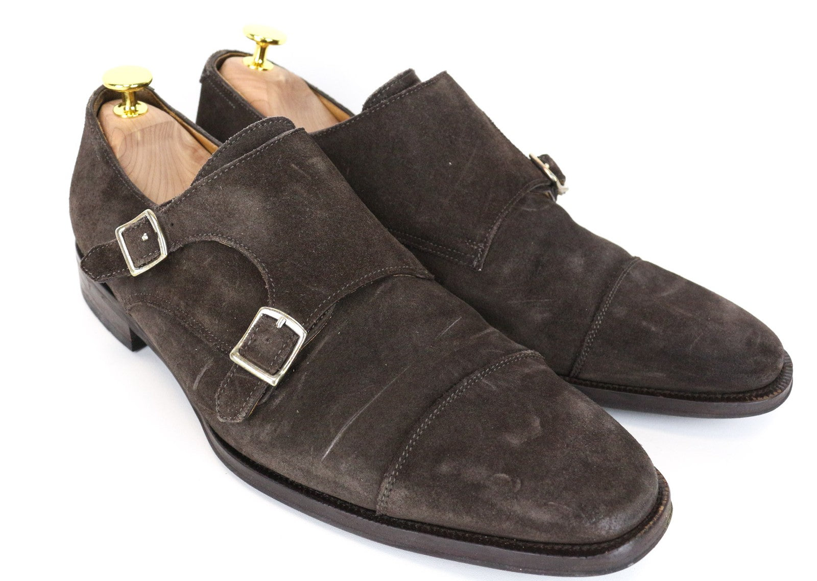 SUITSUPPLY vyriški batai, EU43, tamsiai rudi, zomšiniai, odiniai, dvigubais dirželiais, formalūs 