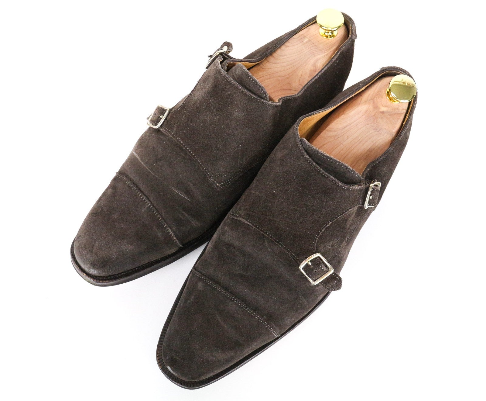 SUITSUPPLY vyriški batai, EU43, tamsiai rudi, zomšiniai, odiniai, dvigubais dirželiais, formalūs 