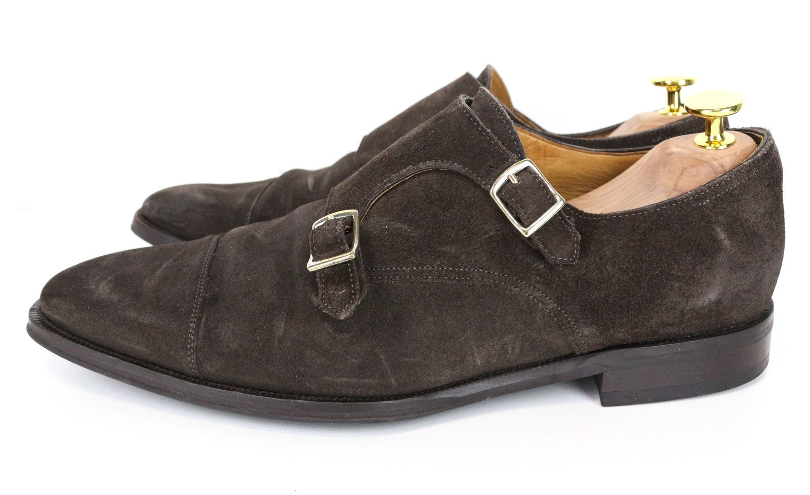 SUITSUPPLY vyriški batai, EU43, tamsiai rudi, zomšiniai, odiniai, dvigubais dirželiais, formalūs 