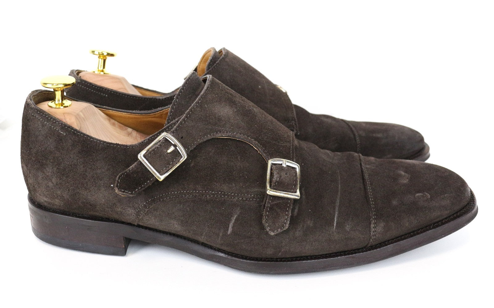 SUITSUPPLY vyriški batai, EU43, tamsiai rudi, zomšiniai, odiniai, dvigubais dirželiais, formalūs 