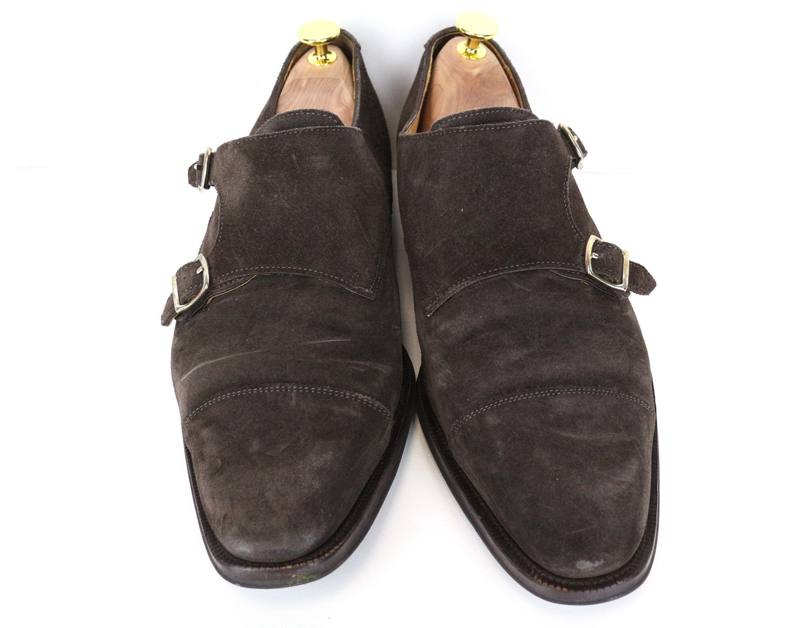 SUITSUPPLY vyriški batai, EU43, tamsiai rudi, zomšiniai, odiniai, dvigubais dirželiais, formalūs 