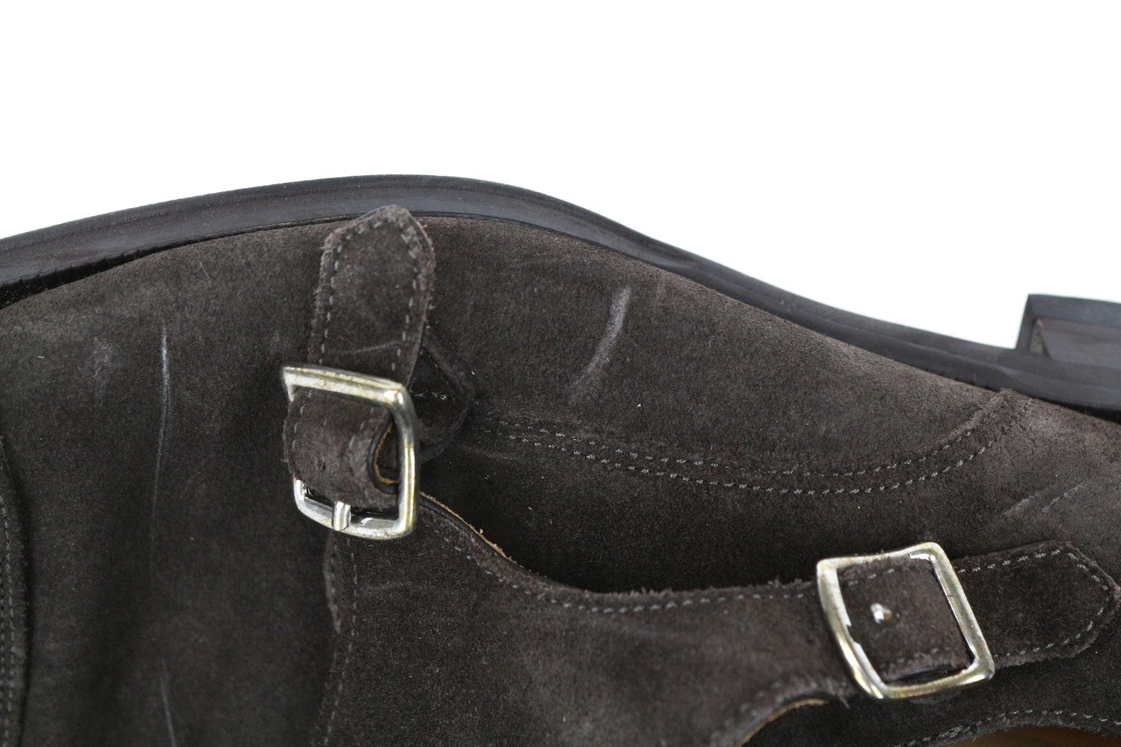 SUITSUPPLY vyriški batai, EU43, tamsiai rudi, zomšiniai, odiniai, dvigubais dirželiais, formalūs 