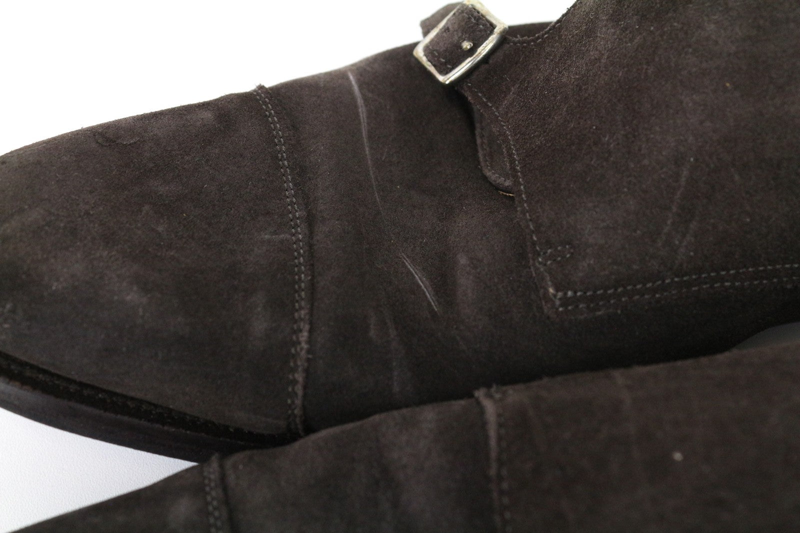 SUITSUPPLY vyriški batai, EU43, tamsiai rudi, zomšiniai, odiniai, dvigubais dirželiais, formalūs 