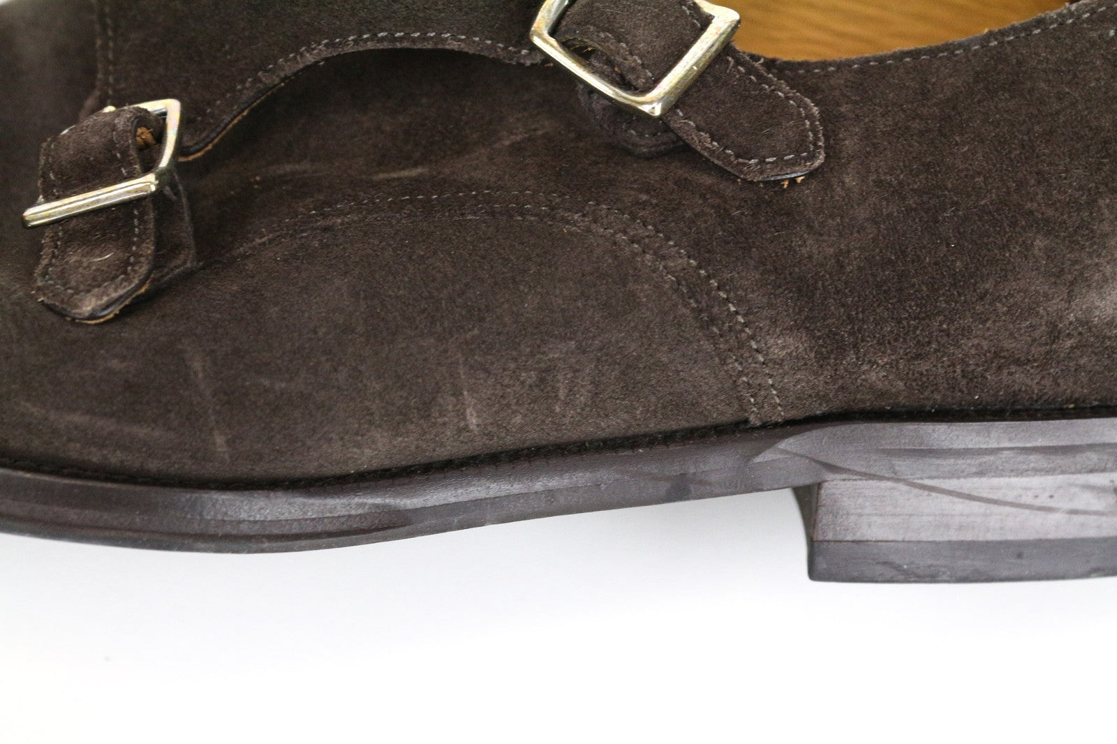 SUITSUPPLY vyriški batai, EU43, tamsiai rudi, zomšiniai, odiniai, dvigubais dirželiais, formalūs 