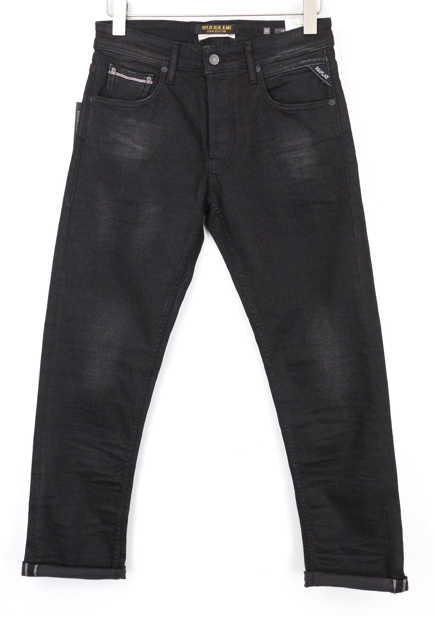 REPLAY Grover vyriški džinsai W30/L30 juodi tiesūs, tamprūs kraštai su sagomis 