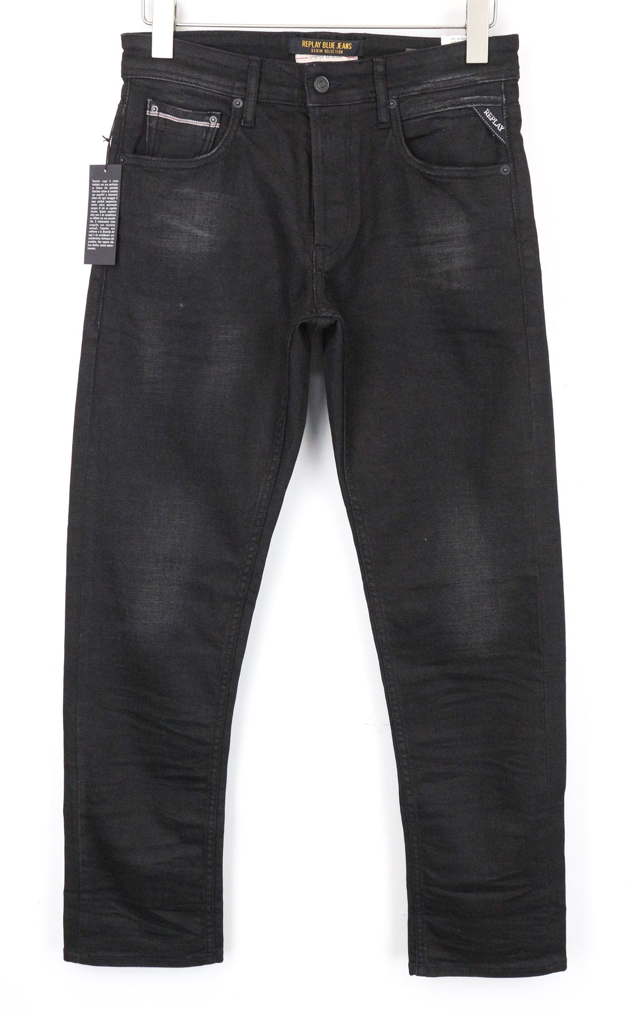 REPLAY Grover vyriški džinsai W30/L30 juodi tiesūs, tamprūs kraštai su sagomis 