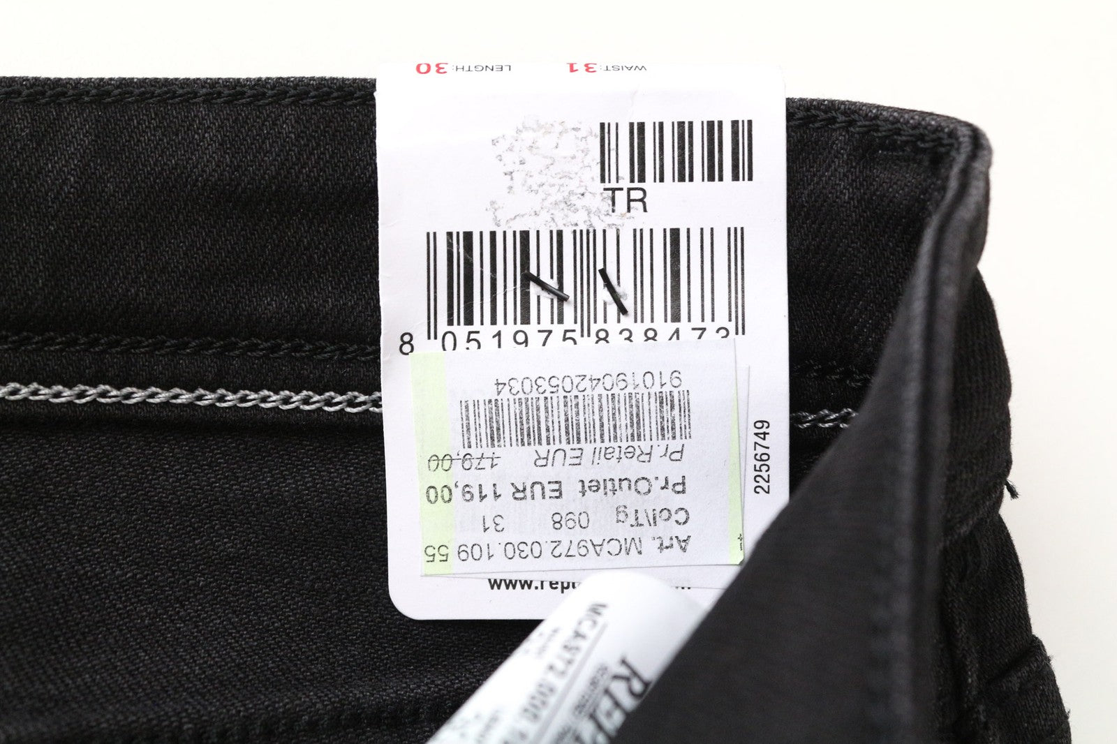 REPLAY Grover vyriški džinsai W31/L30 juodi tiesūs kraštai su sagomis ir tampriu užsegimu 