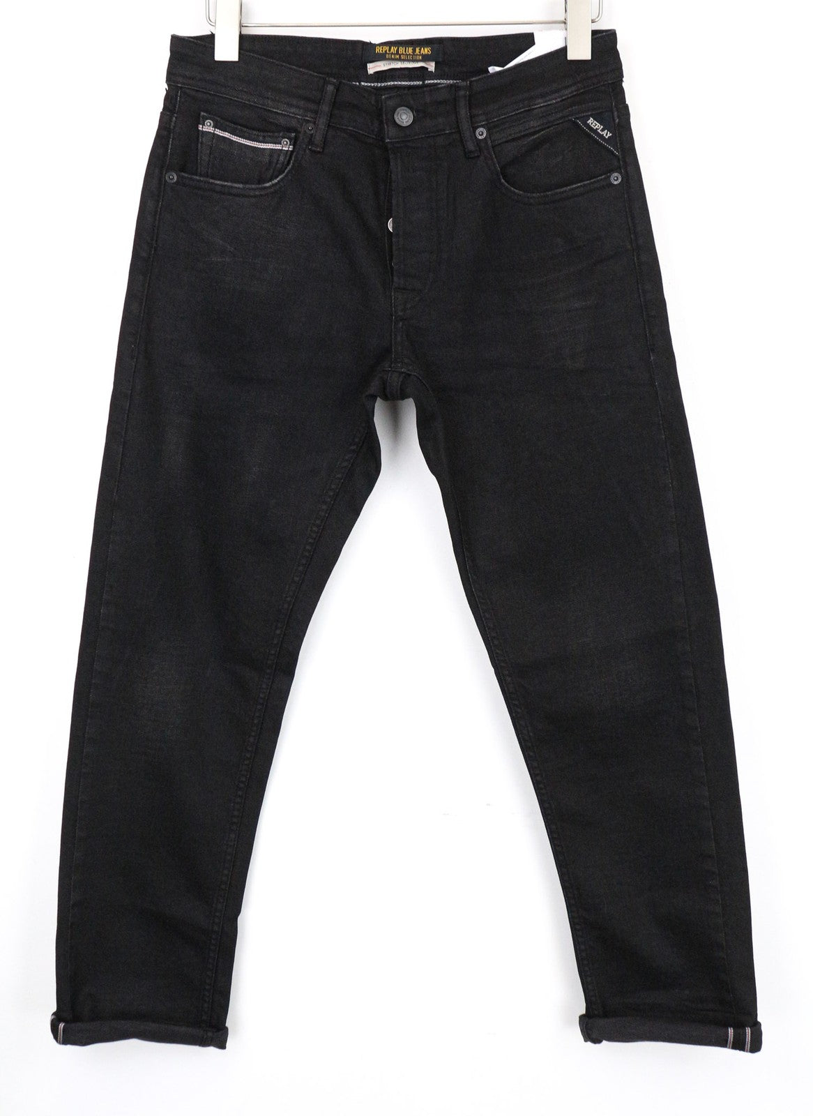 REPLAY Grover Men's Jeans W29/L32 Straight Black Stretch Selvedge Button-Fly