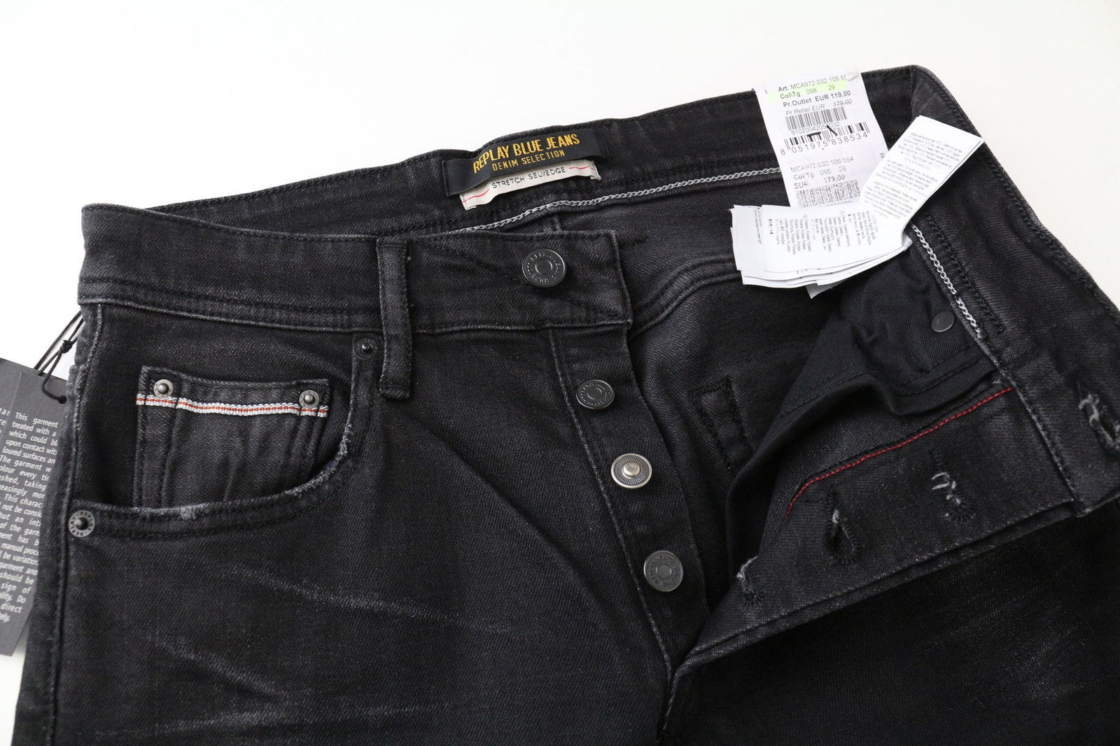 REPLAY Grover Men's Jeans W29/L32 Straight Black Stretch Selvedge Button-Fly