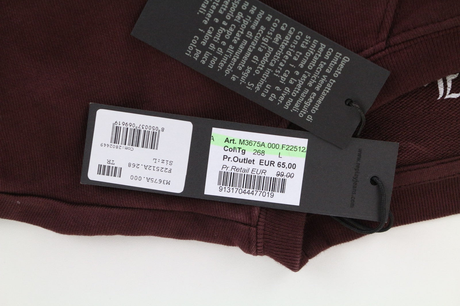 REPLAY vyriškas džemperis L dydžio bordo spalvos ilgomis rankovėmis su logotipu, gryna medvilnė 