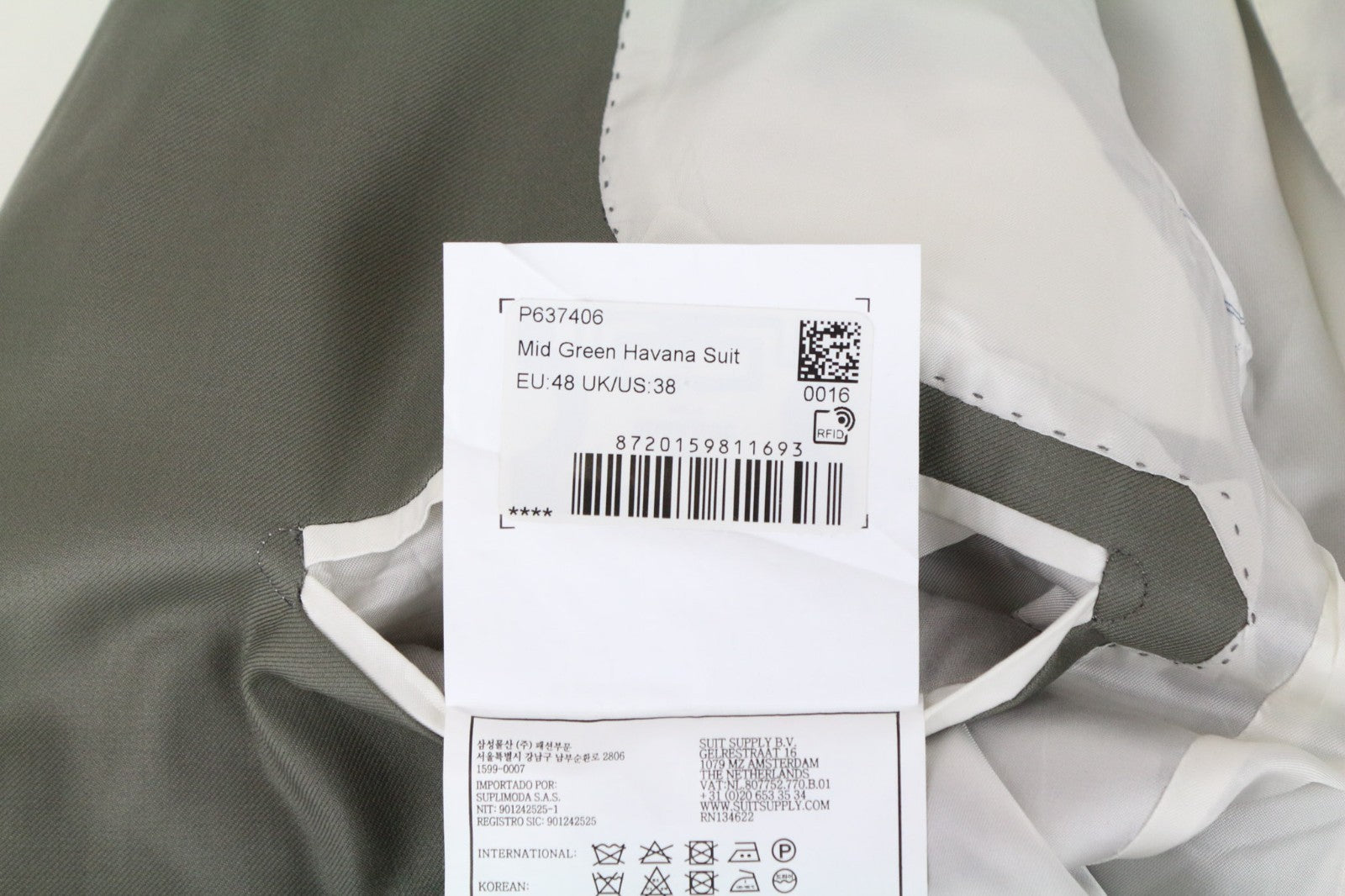 SUITSUPPLY Havana Tulip Men's Suit UK38R Slim Green Pure Wool Super 110's 2Pc