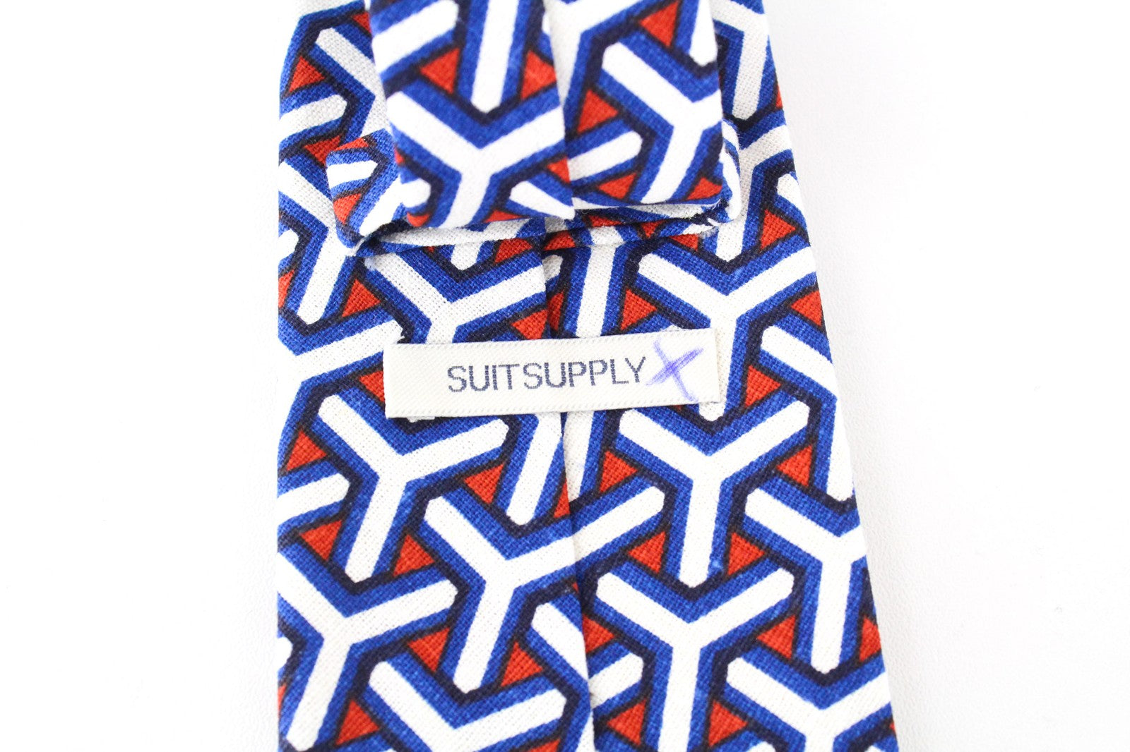 SUITSUPPLY vyriškas kaklaraištis 148x8 cm, mėlynai baltas, raštuotas, lininis, medvilninis, smailiais galais, elegantiškas 