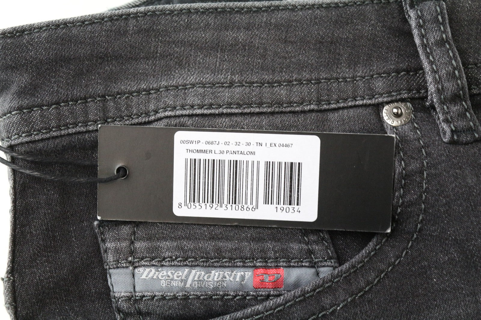 DIESEL Thommer 0687J vyriški W32/L30 pilki ploni-aptempti skalbtos medvilnės tamprūs džinsai