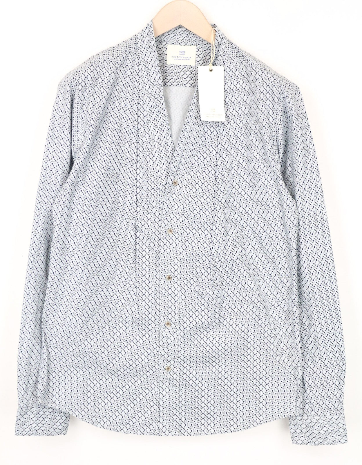 SCOTCH &amp; SODA Ams Couture vyriški L dydžio balti mėlyni grynos medvilnės klostuoti marškiniai V formos iškirpte