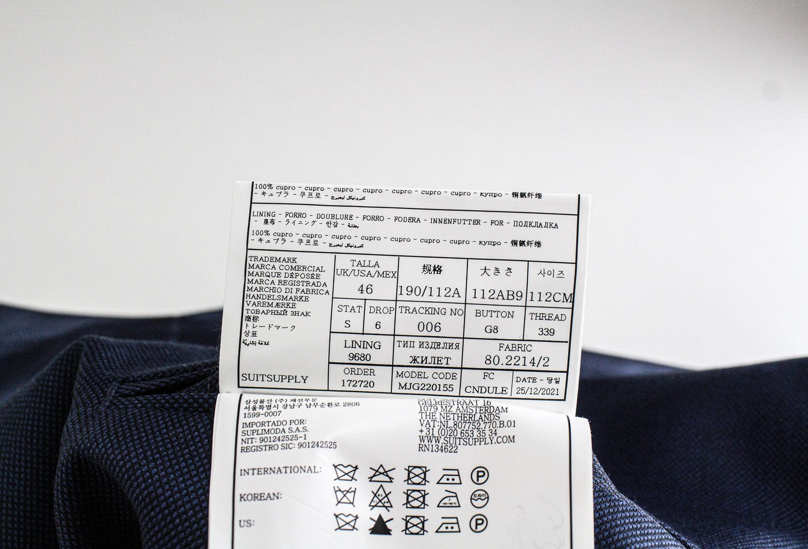 SUITSUPPLY Sienna Men's UK46R Blue Pure Wool Super 130's Lined 3 Piece Formal