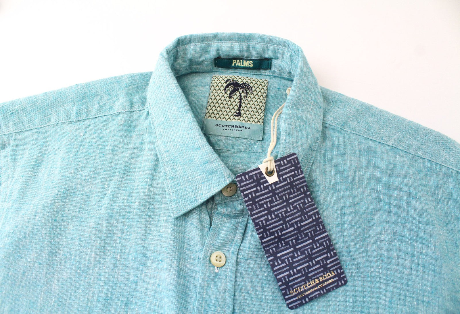 SCOTCH &amp; SODA vyriški marškinėliai S dydžio, trumpomis rankovėmis, žali lino ir medvilnės mišinio melanžo rašto. 