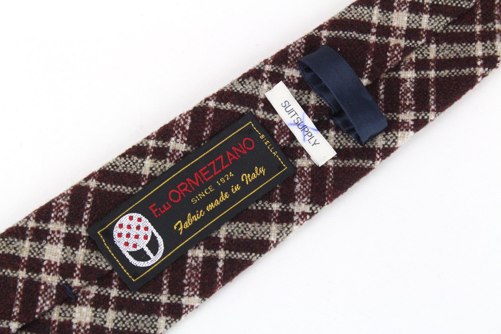 SUITSUPPLY vyriškas kaklaraištis ~150x8 cm vyno raudonumo megztas languotas vilnos mišinio kaklaraištis 