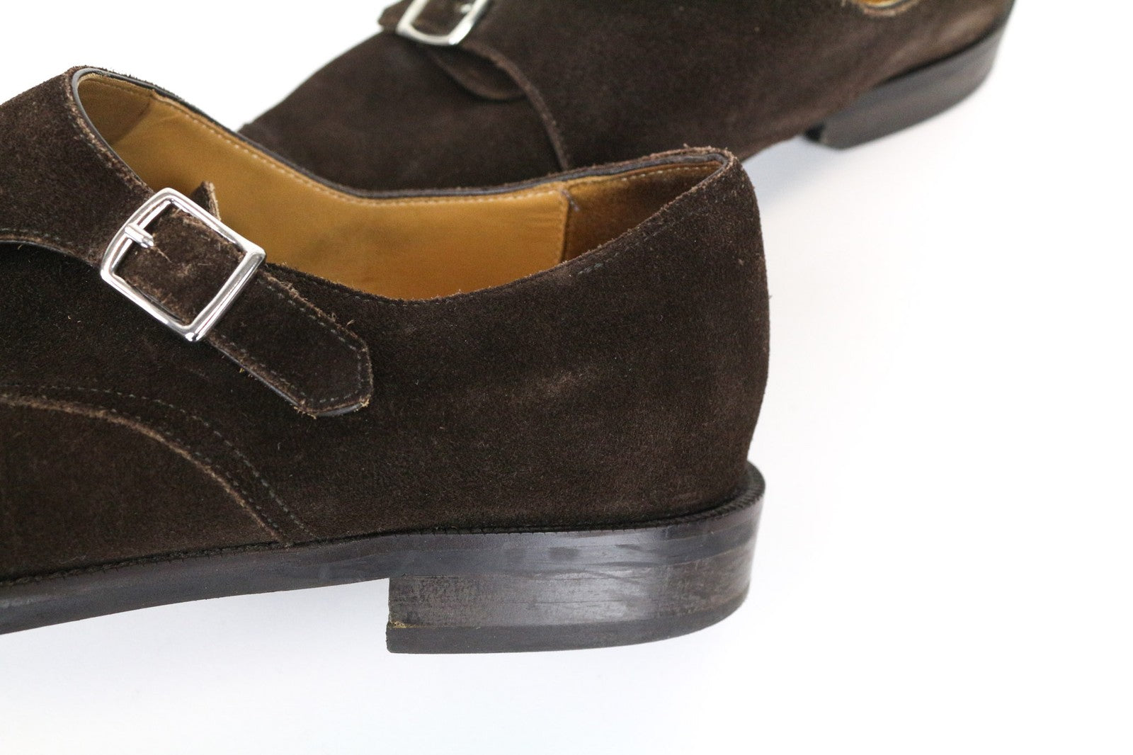 SUITSUPPLY vyriški batai, EU43, tamsiai rudi, zomšiniai, odiniai, su dviguba sagtimi, žemu viršumi 