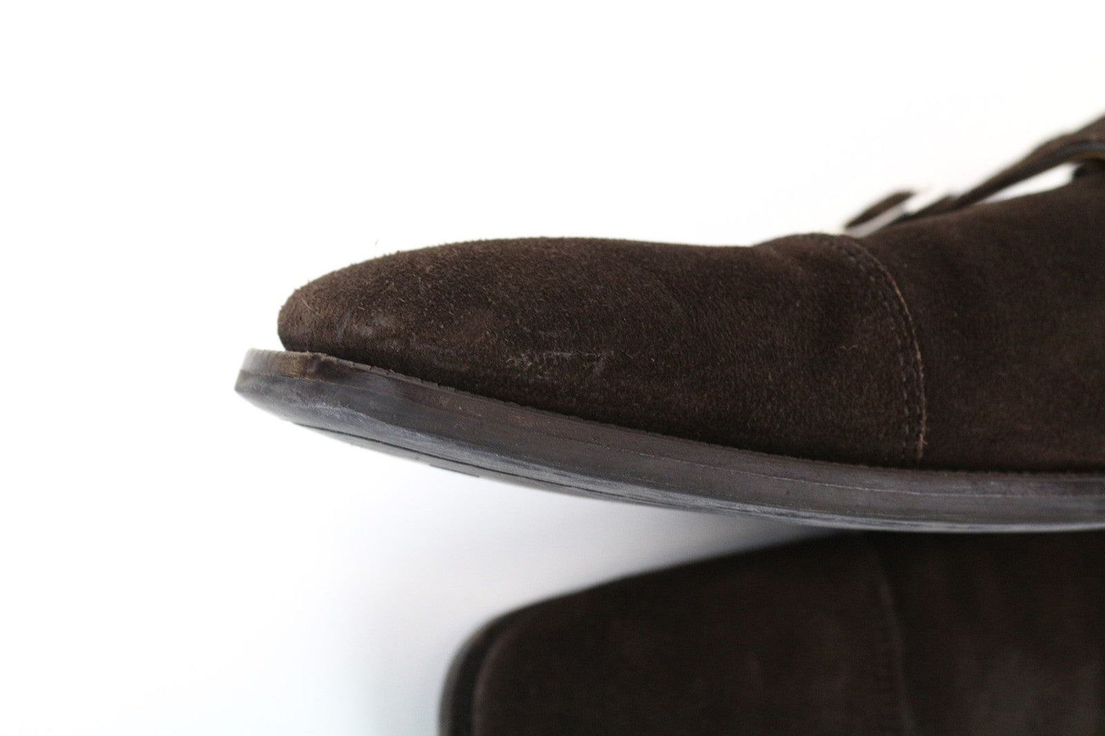 SUITSUPPLY vyriški batai, EU43, tamsiai rudi, zomšiniai, odiniai, su dviguba sagtimi, žemu viršumi 