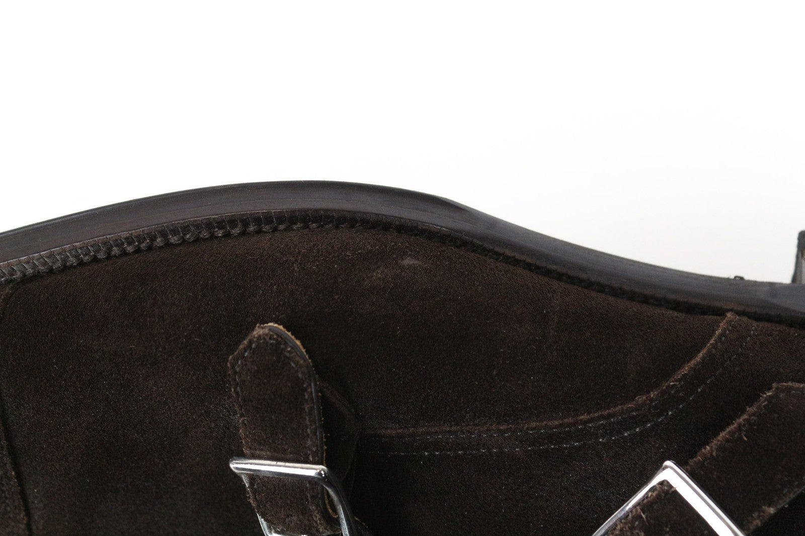 SUITSUPPLY vyriški batai, EU43, tamsiai rudi, zomšiniai, odiniai, su dviguba sagtimi, žemu viršumi 