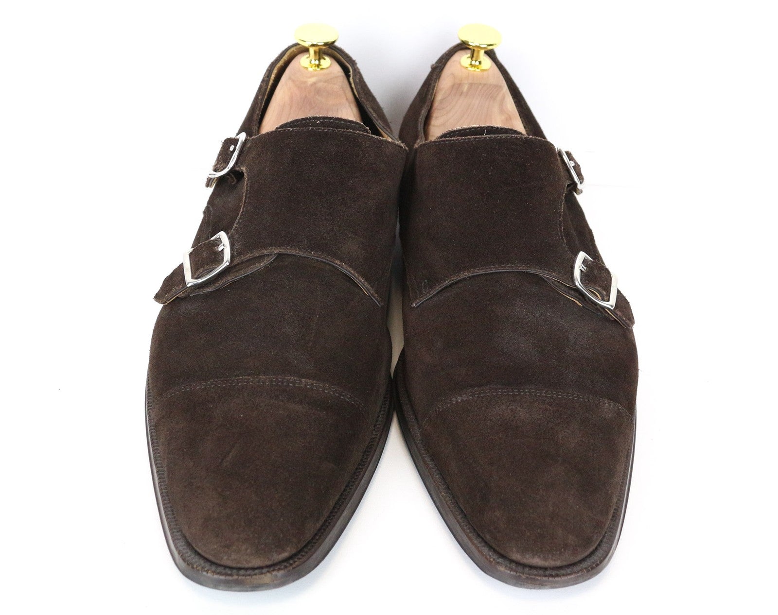 SUITSUPPLY vyriški batai, EU43, tamsiai rudi, zomšiniai, odiniai, su dviguba sagtimi, žemu viršumi 