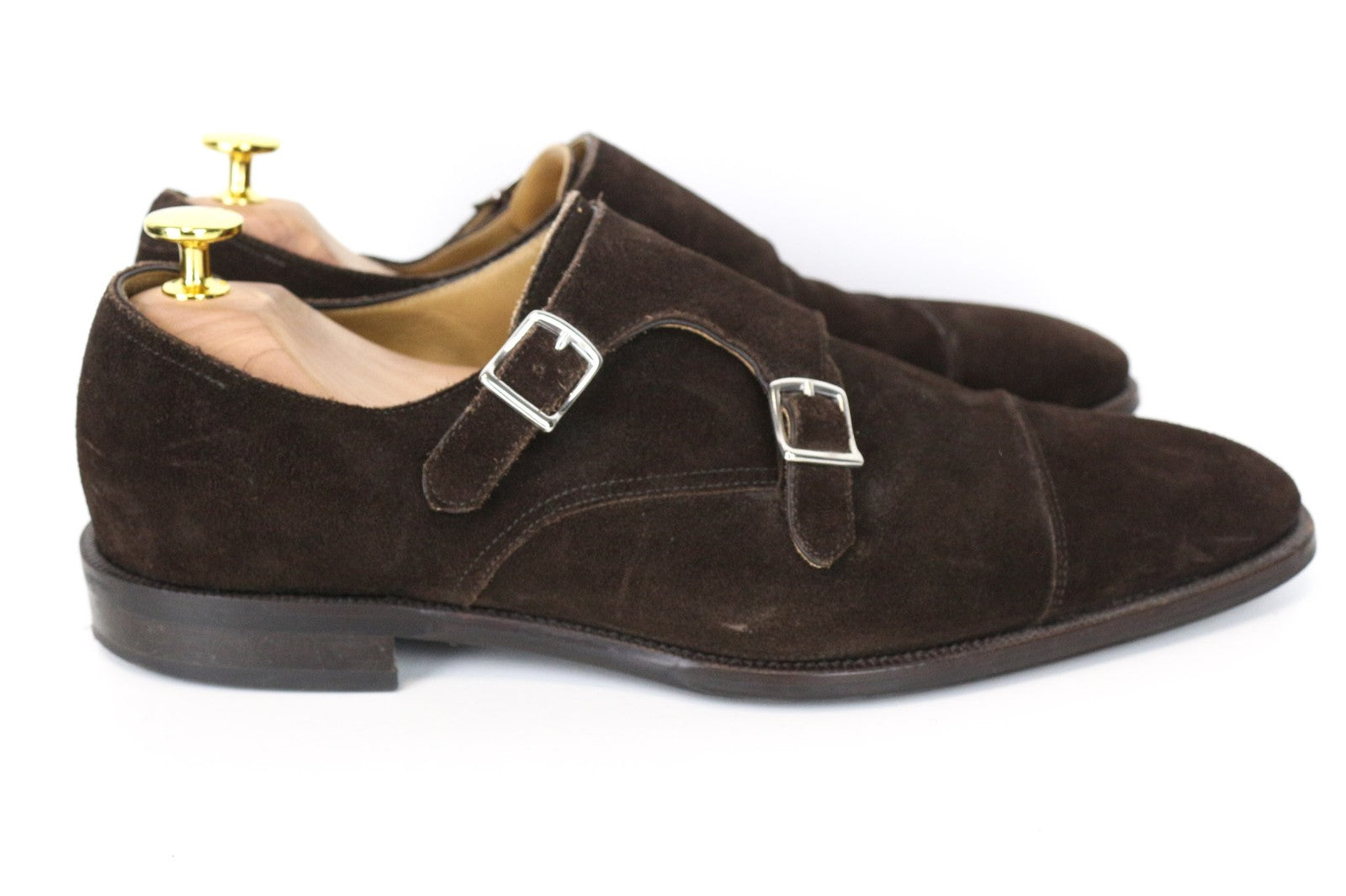 SUITSUPPLY vyriški batai, EU43, tamsiai rudi, zomšiniai, odiniai, su dviguba sagtimi, žemu viršumi 