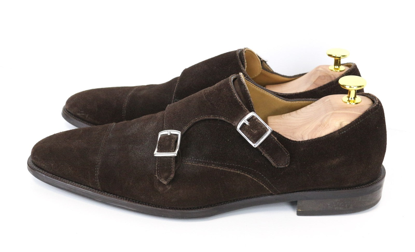 SUITSUPPLY vyriški batai, EU43, tamsiai rudi, zomšiniai, odiniai, su dviguba sagtimi, žemu viršumi 