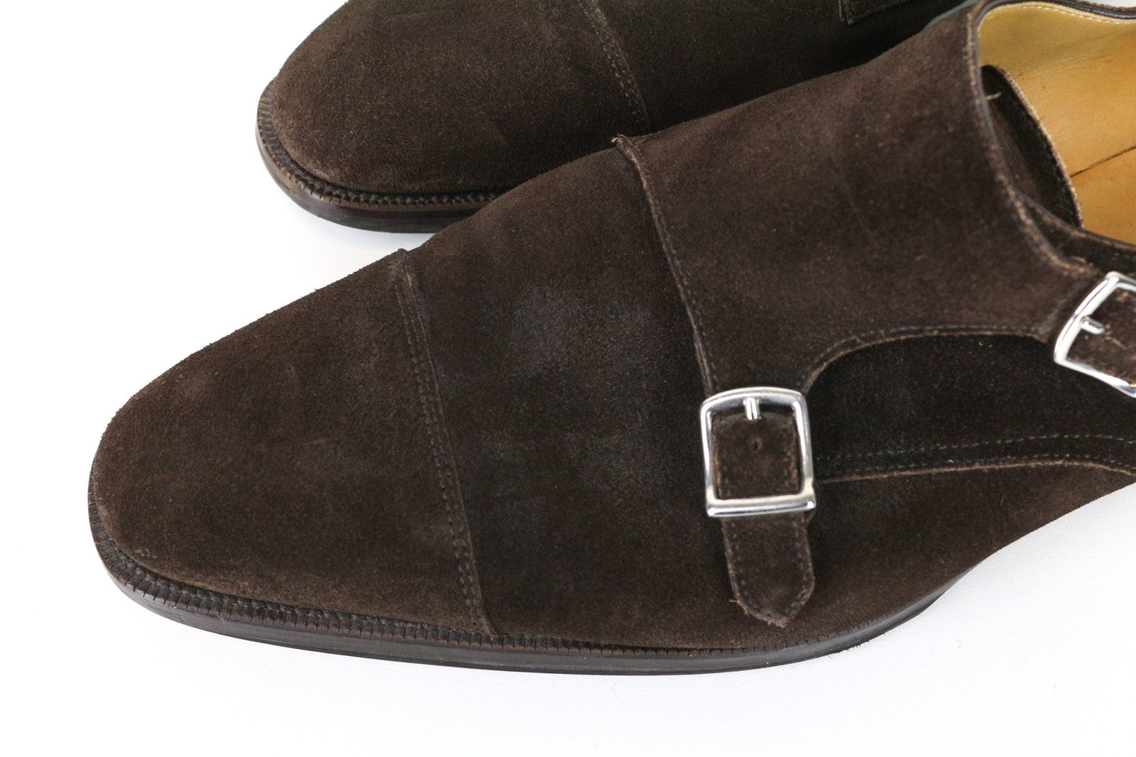 SUITSUPPLY vyriški batai, EU43, tamsiai rudi, zomšiniai, odiniai, su dviguba sagtimi, žemu viršumi 