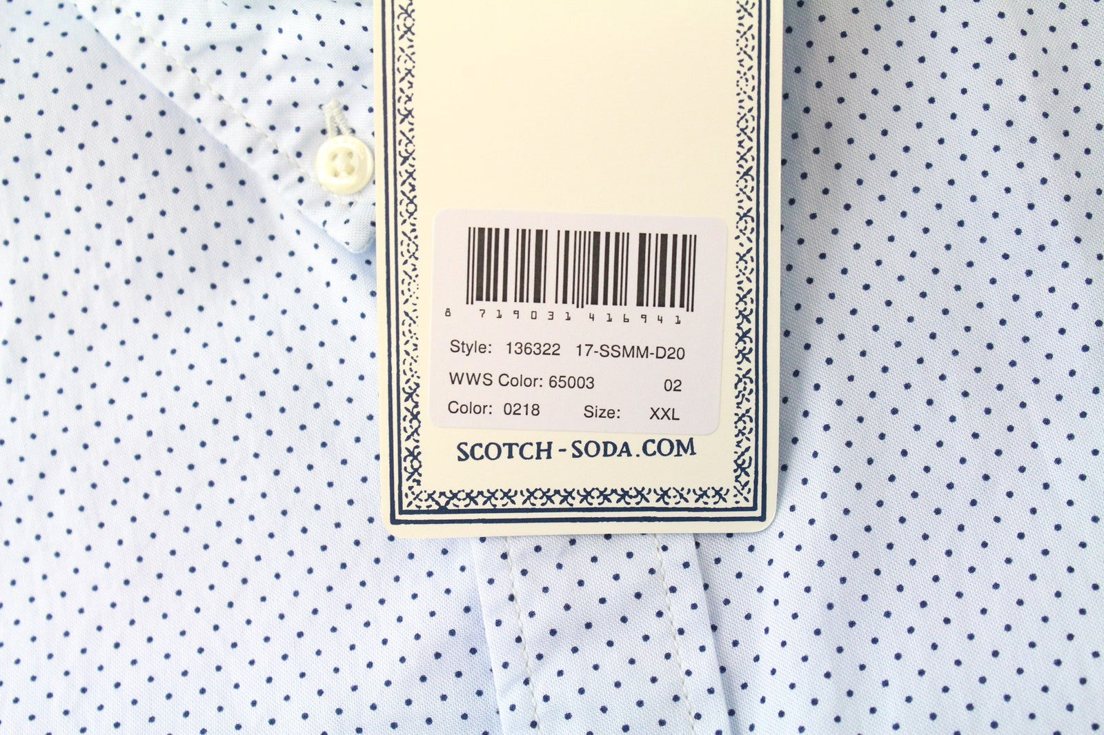 SCOTCH &amp; SODA vyriški marškinėliai su šviesiai mėlynais taškeliais, 2XL dydžio, su sagomis ir melanžu 