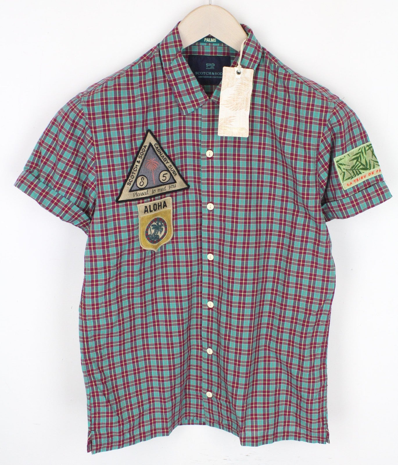 SCOTCH &amp; SODA vyriški marškiniai S dydžio medvilninio lino mišinio violetiniai languoti lopai languoti 