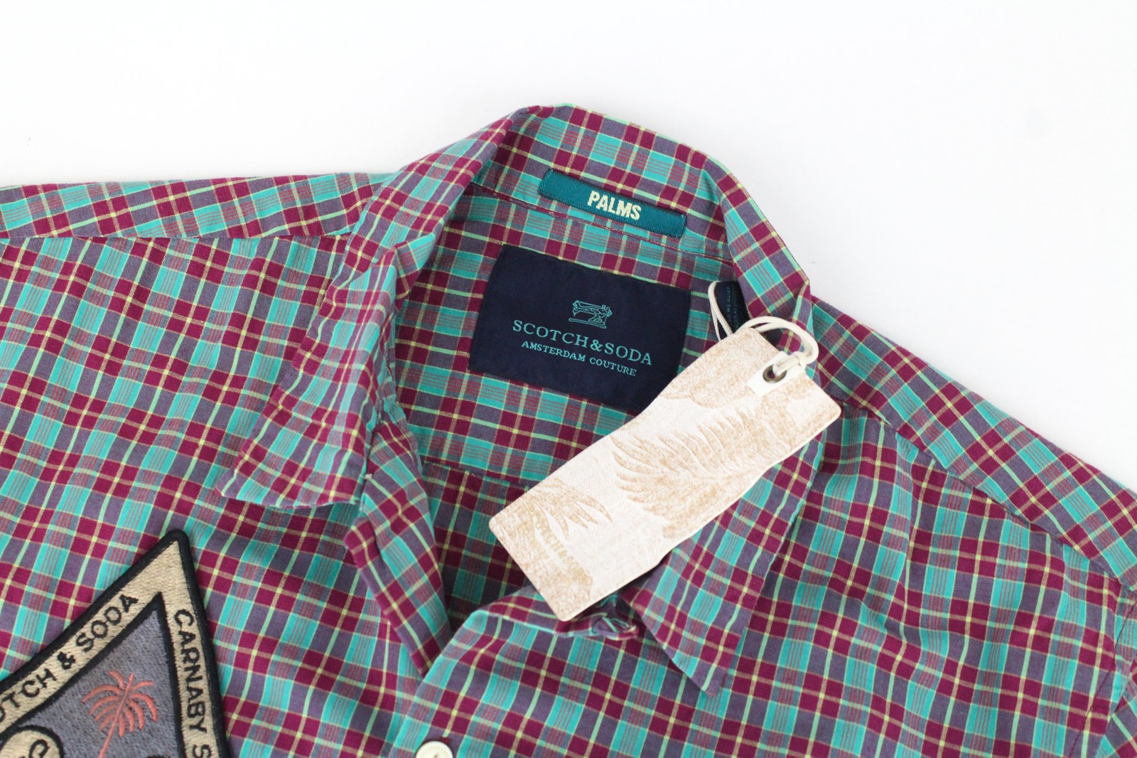 SCOTCH &amp; SODA vyriški marškiniai S dydžio medvilninio lino mišinio violetiniai languoti lopai languoti 