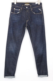 REPLAY Grover vyriški džinsai W30/L34 Selvedge tiesūs mėlyni tamprūs medvilniniai džinsai 