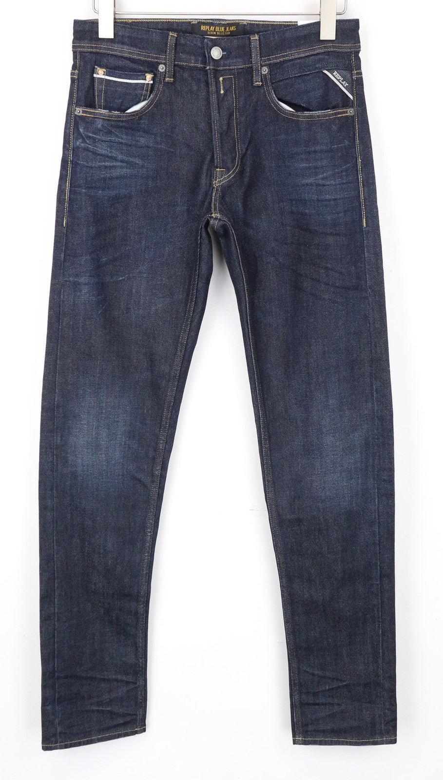 REPLAY Grover vyriški džinsai W30/L34 Selvedge tiesūs mėlyni tamprūs medvilniniai džinsai 