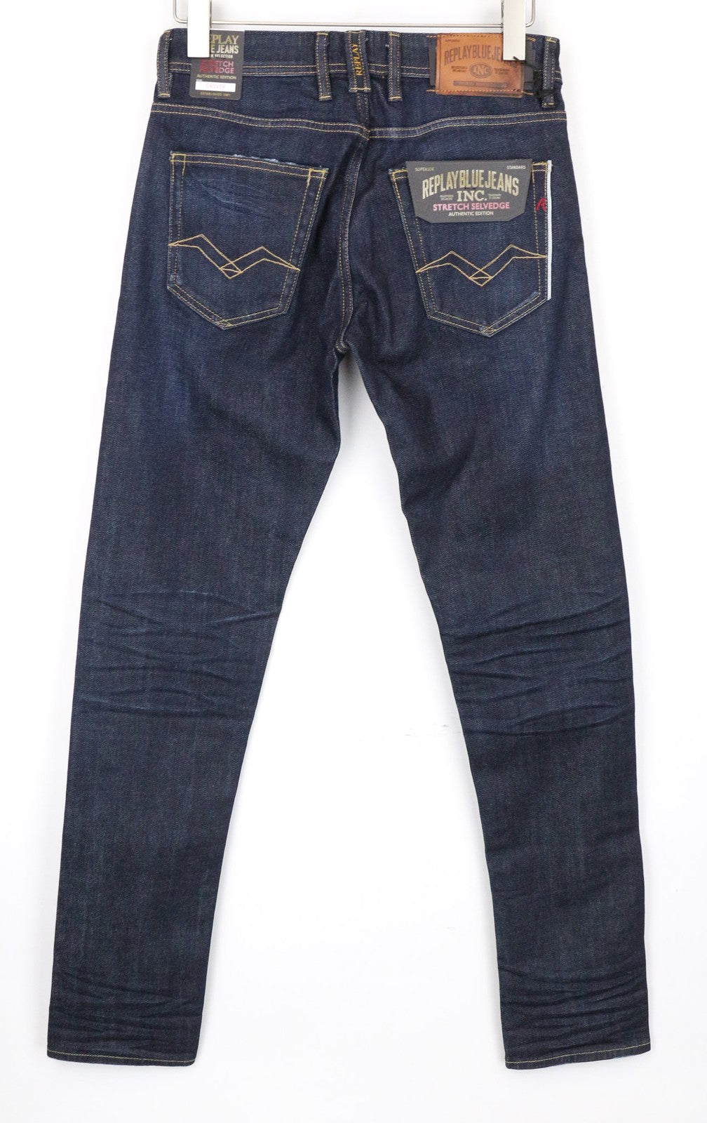 REPLAY Grover vyriški džinsai W30/L34 Selvedge tiesūs mėlyni tamprūs medvilniniai džinsai 