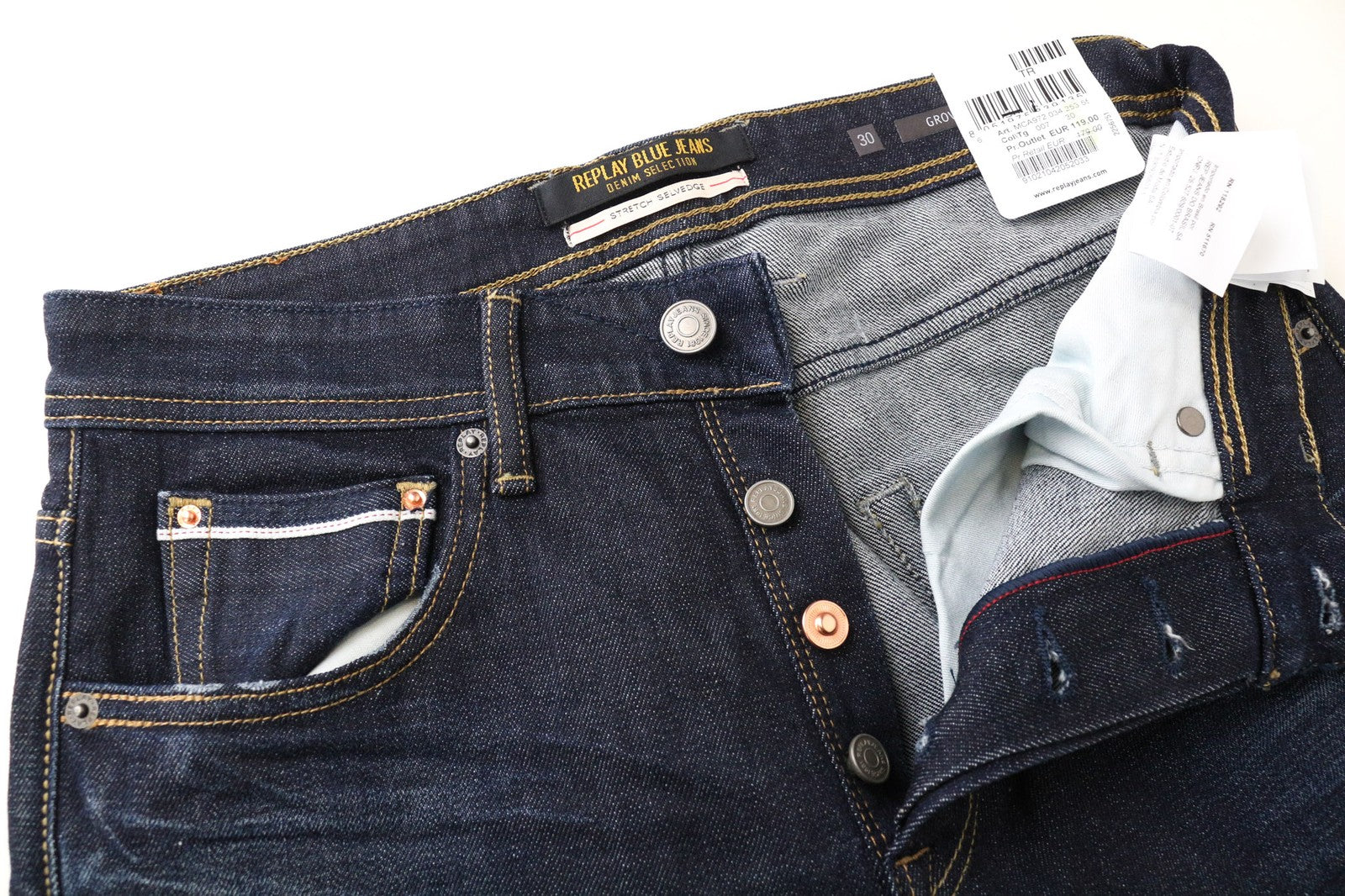 REPLAY Grover vyriški džinsai W30/L34 Selvedge tiesūs mėlyni tamprūs medvilniniai džinsai 