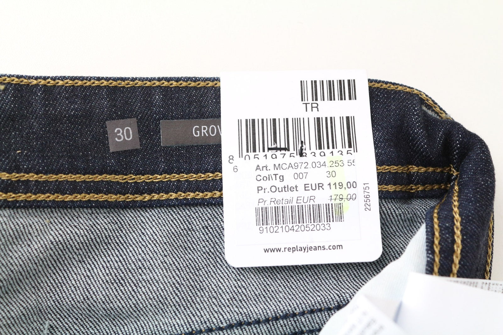 REPLAY Grover vyriški džinsai W30/L34 Selvedge tiesūs mėlyni tamprūs medvilniniai džinsai 