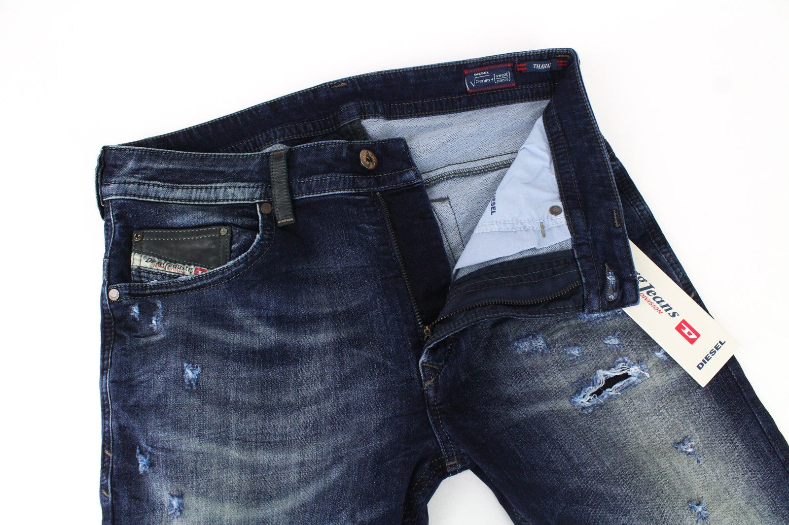 DIESEL Thavar-NE R060S vyriški džinsai W28 mėlyni, apdriskę, ploni, morkų spalvos, sportiniai. 