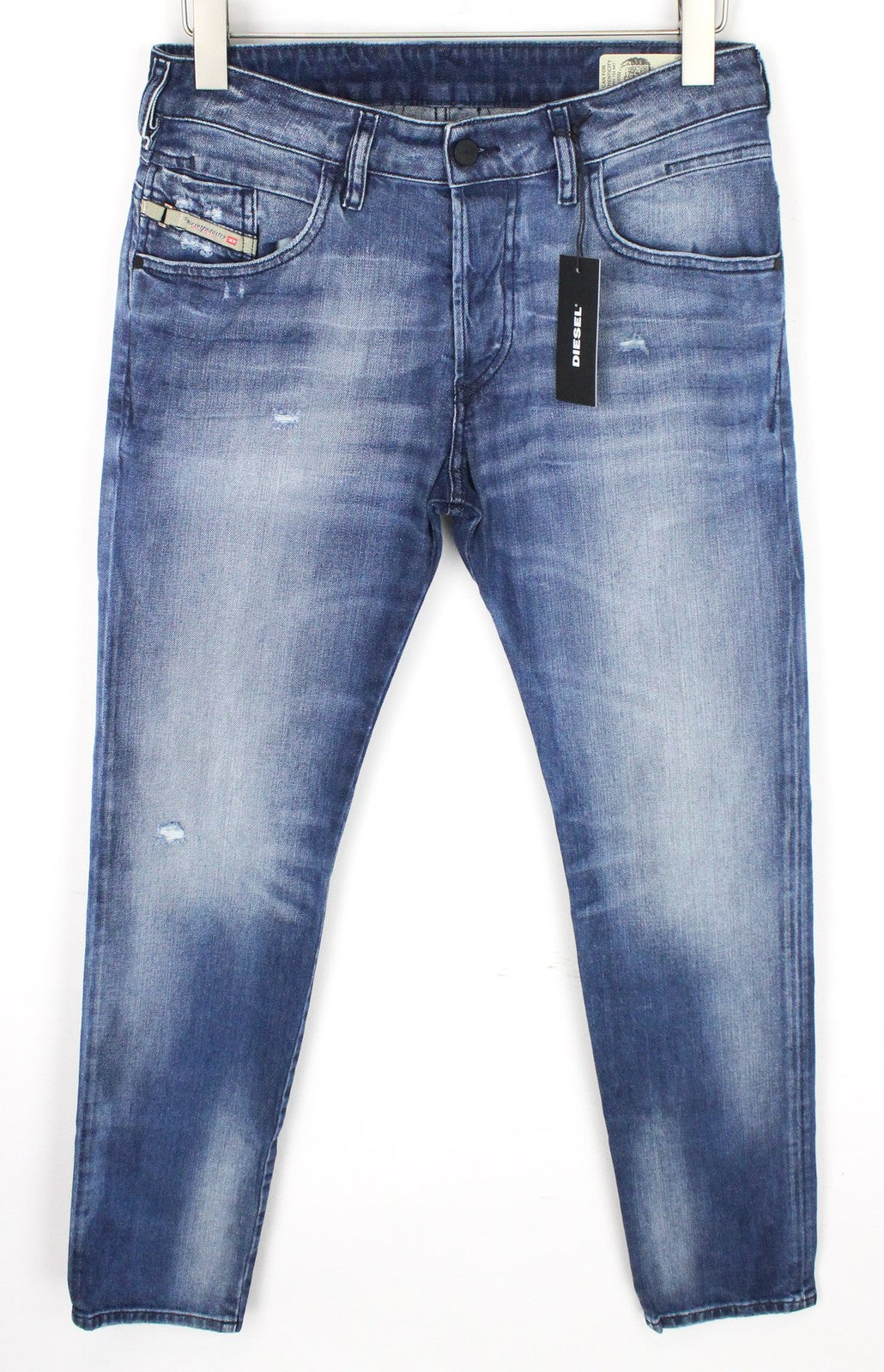 DIESEL D-Bazer 084DD vyriški džinsai W29/L34 mėlyni, tamprūs, siaurėjantys su sagomis, dirbtinės odos. 