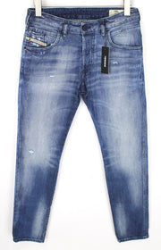 DIESEL D-Bazer 084DD vyriški džinsai W29/L34 mėlyni, tamprūs, siaurėjantys su sagomis, dirbtinės odos. 