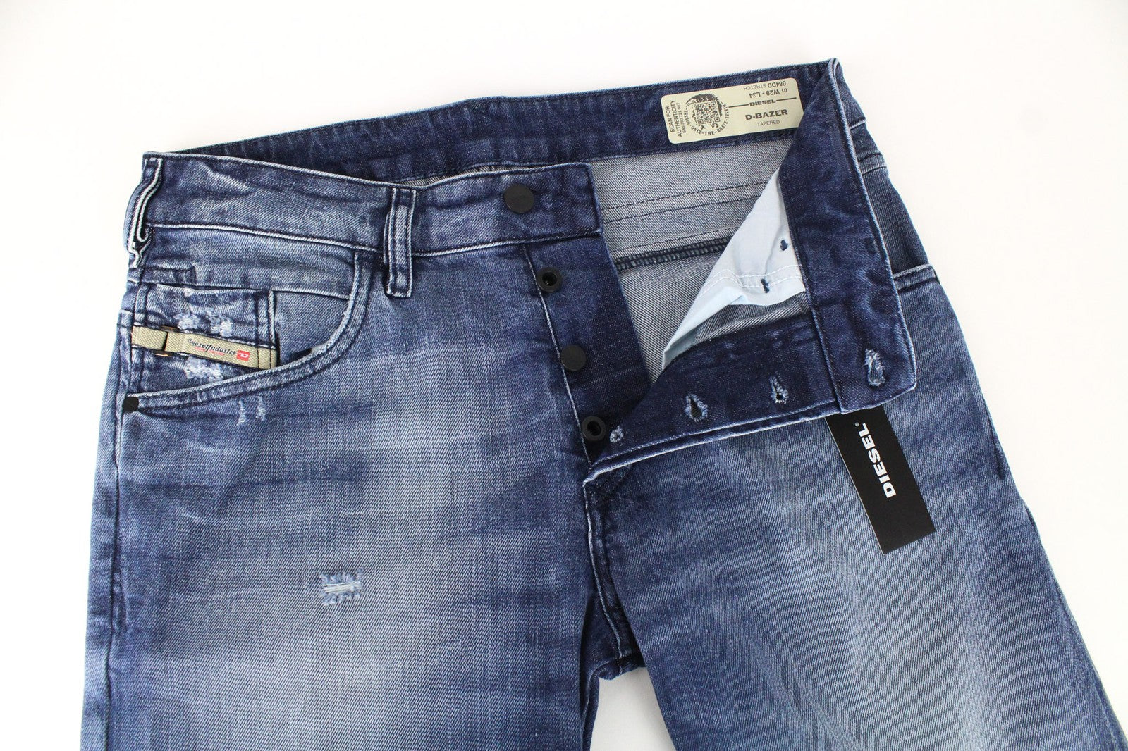 DIESEL D-Bazer 084DD vyriški džinsai W29/L34 mėlyni, tamprūs, siaurėjantys su sagomis, dirbtinės odos. 