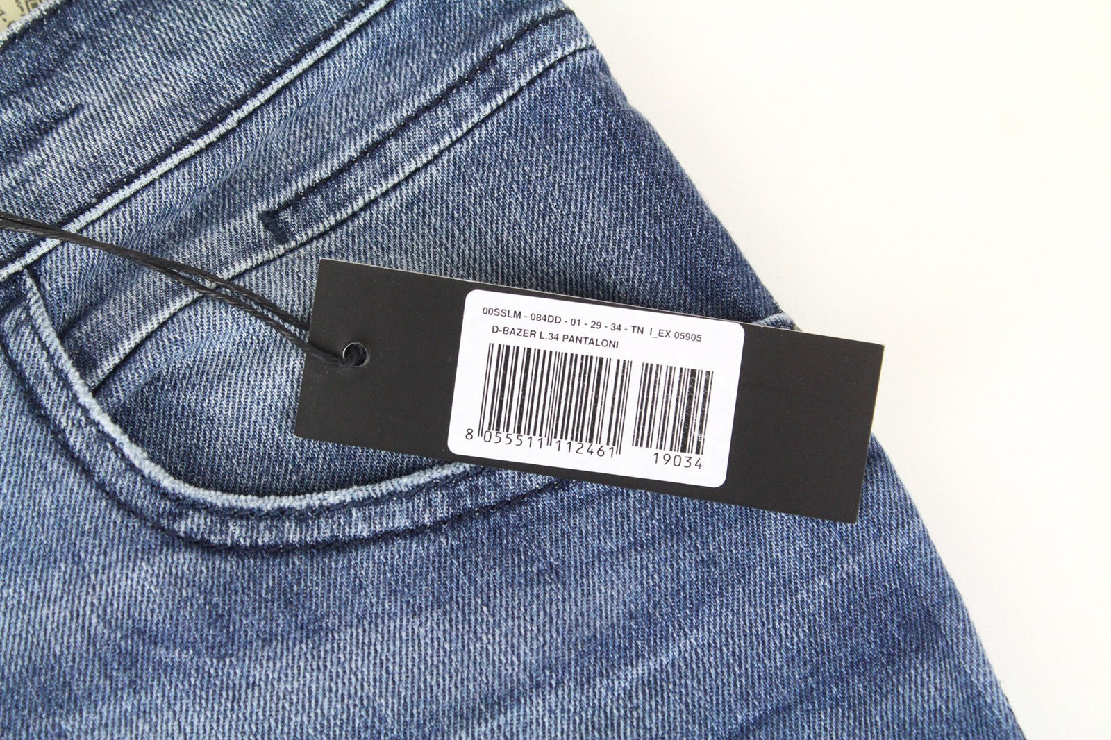 DIESEL D-Bazer 084DD vyriški džinsai W29/L34 mėlyni, tamprūs, siaurėjantys su sagomis, dirbtinės odos. 