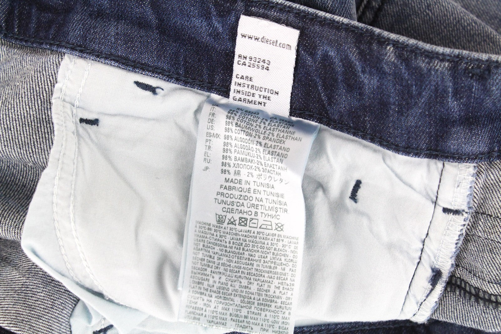 DIESEL D-Bazer 084DD vyriški džinsai W29/L34 mėlyni, tamprūs, siaurėjantys su sagomis, dirbtinės odos. 