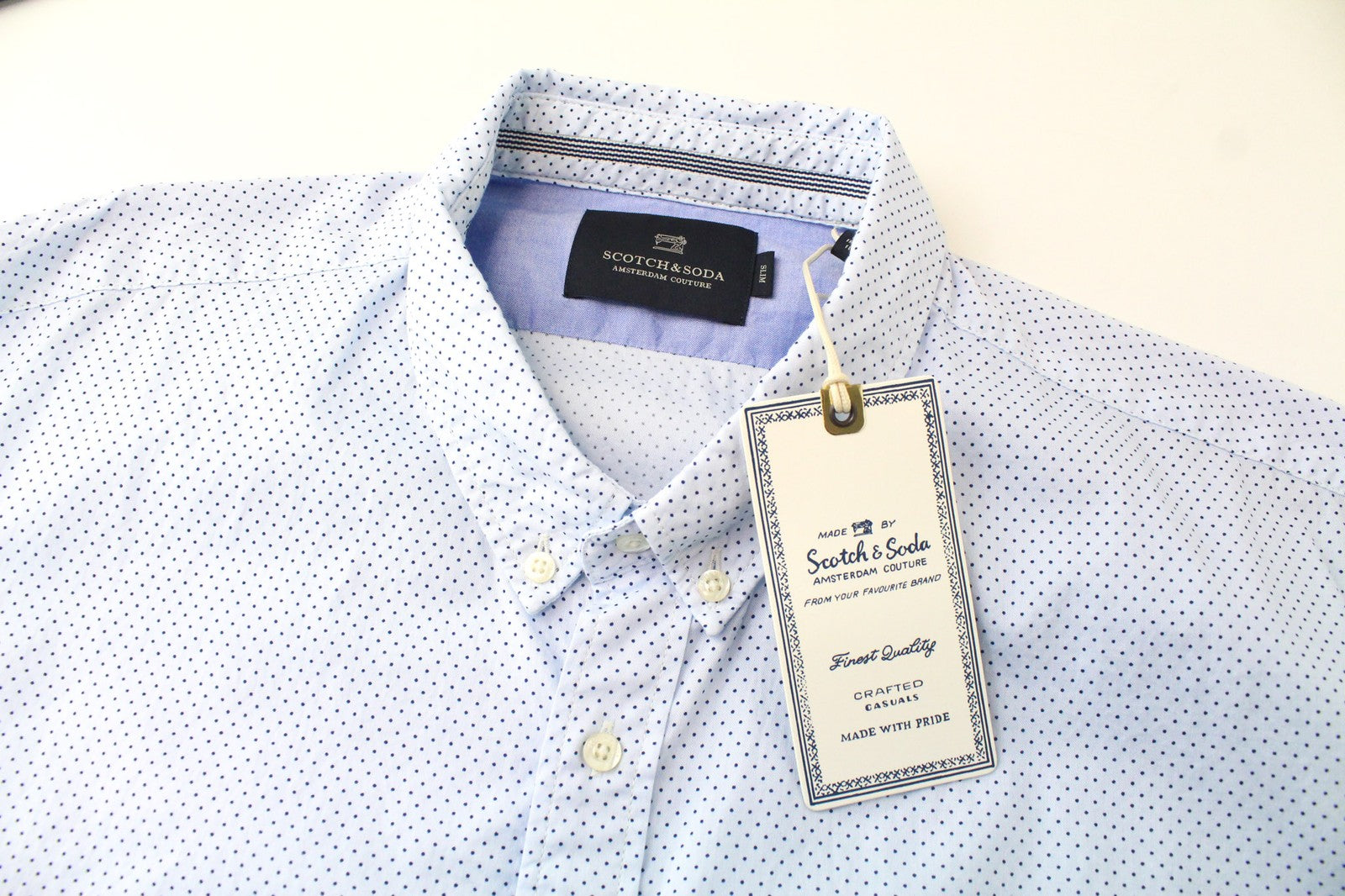 SCOTCH &amp; SODA vyriški marškinėliai su mėlynais taškeliais ir melanžu, siaurėjantys, 2XL dydžio, su sagomis 